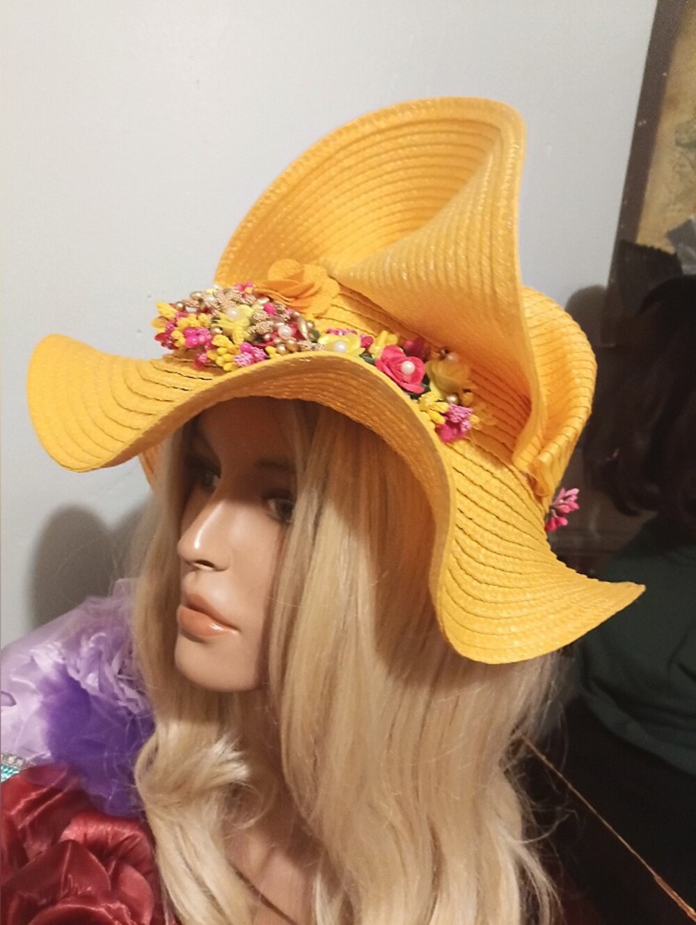 Women's Yellow Sun Hat with Floral Trim